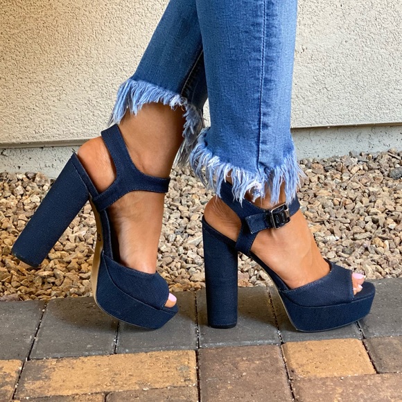 Denim Blue Distressed Towering Platform Sandal - Picture 10 of 12